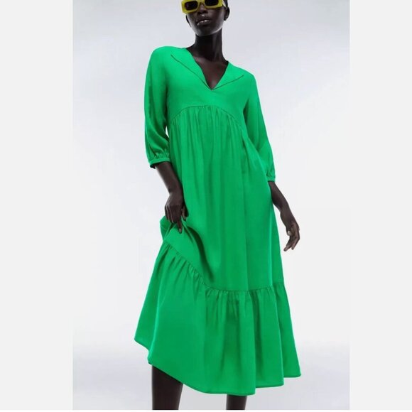 Zara Linen Blend Tiered Ruffle Hem Midi Dress Green Size Large - Picture 2 of 6